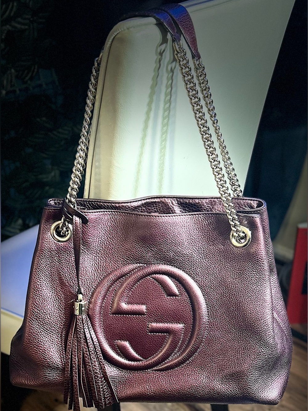 Gucci Metallic Plum Soho Chain Shoulder Cow Leather Authentic Tote Bag~Pre•Love